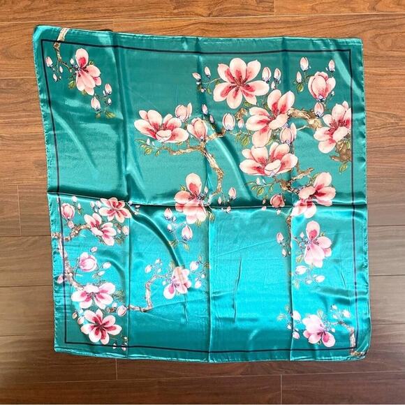 2/$24 NEW Teal Blue Aqua Floral Pink Flower Printed Silky Fashion Scarf - Picture 7 of 11